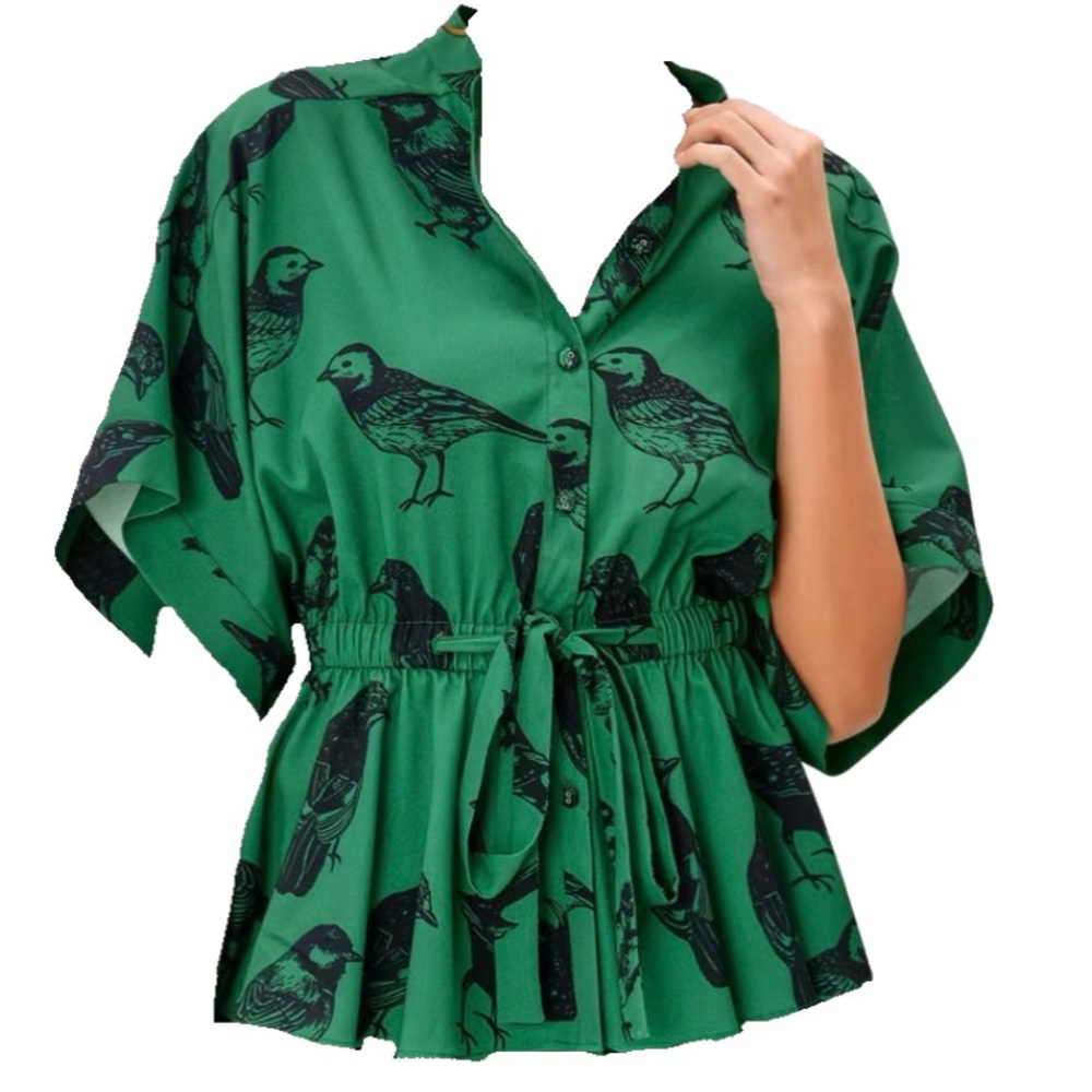 Dopamine Green Bold Black Bird Button Down Shirt 14-16 L-XL EUC